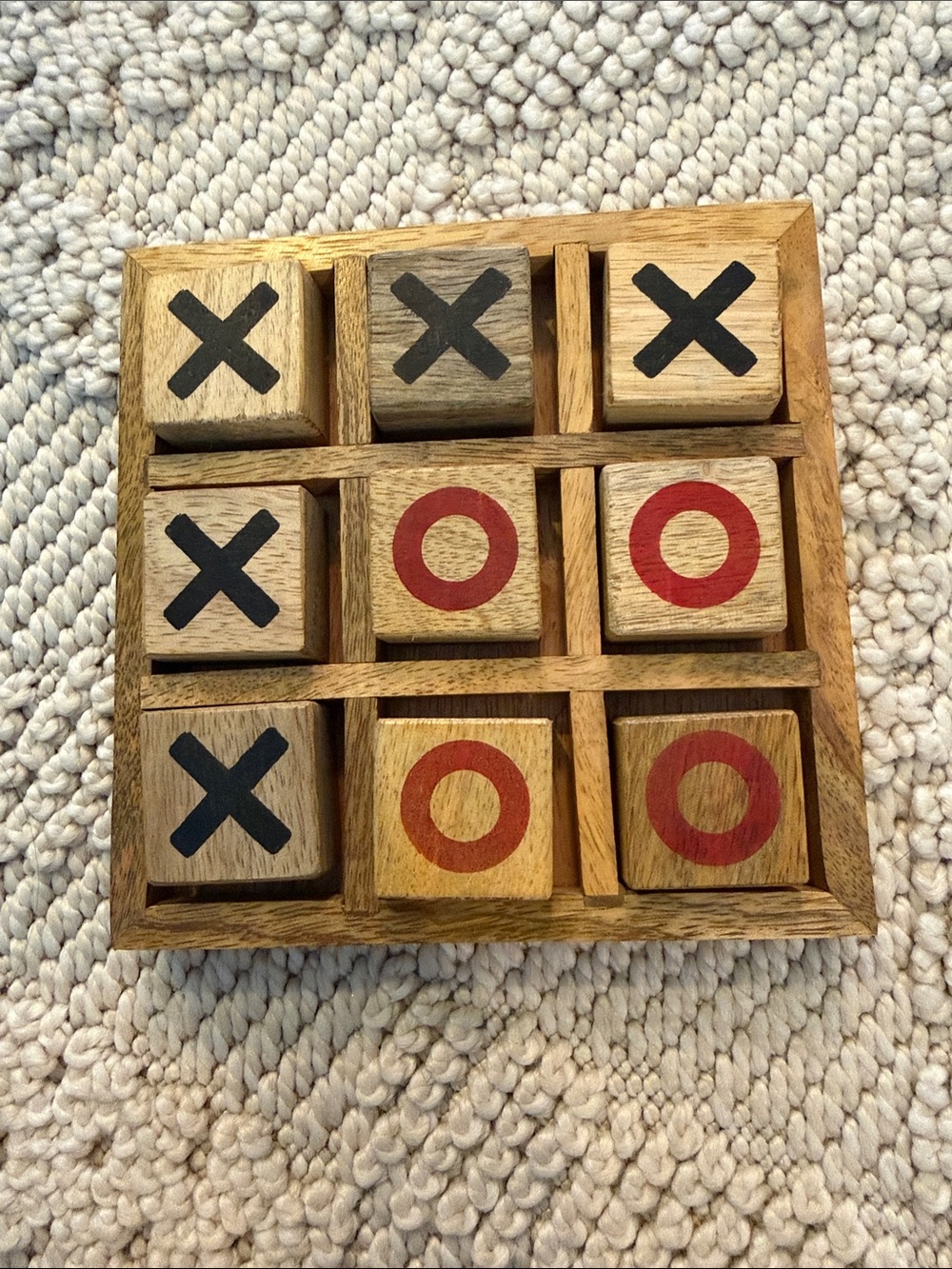 Small Wooden Tic-Tac-Toe Game Set - Natural Wood with Black X and Red O